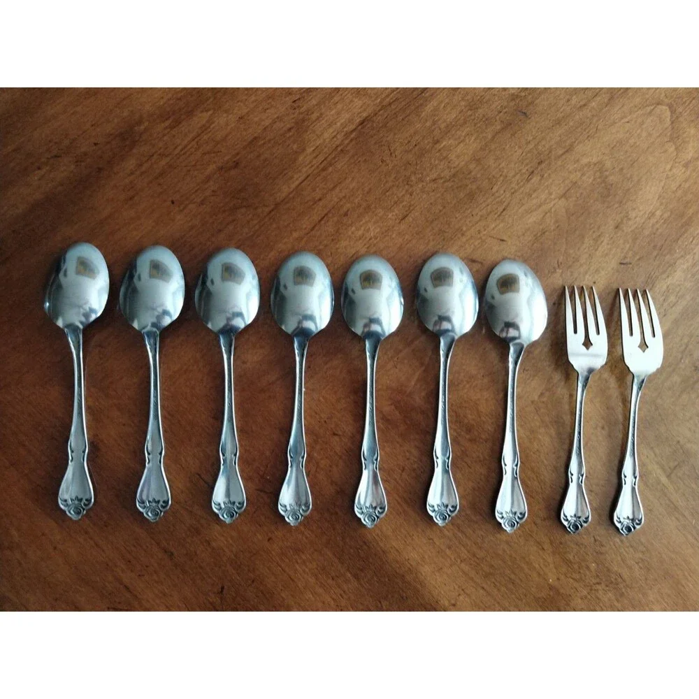 1881 Rogers Oneida Ltd Arbor Rose True Rose Stainless: Lot 7 Table Spoon + Fork
